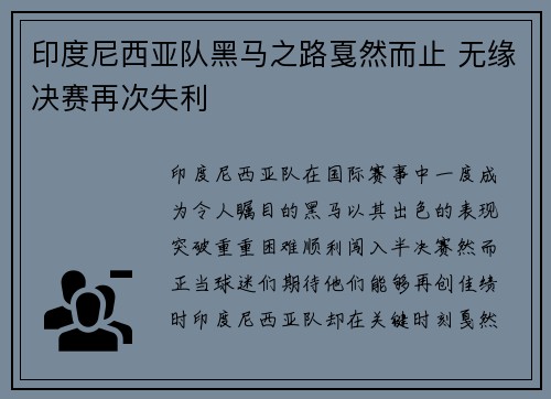 印度尼西亚队黑马之路戛然而止 无缘决赛再次失利